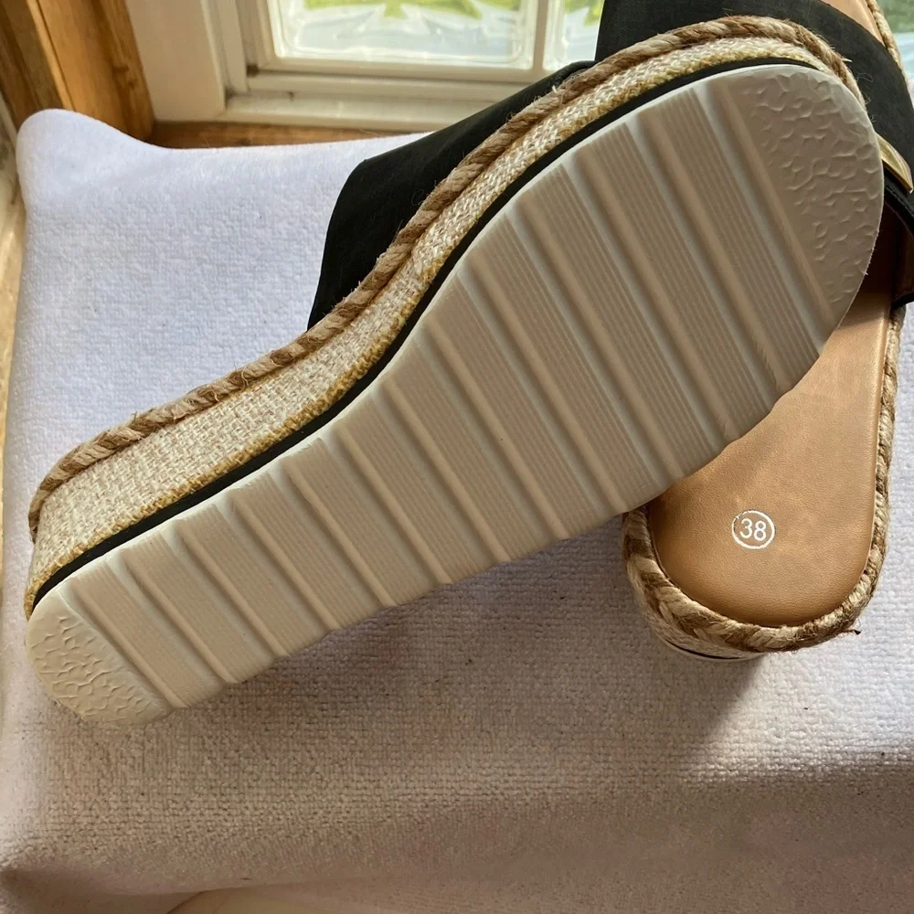 Shoes Unbranded Women’s Slip on Wedge Espadrille Heel Sz 38 Black Denim Look